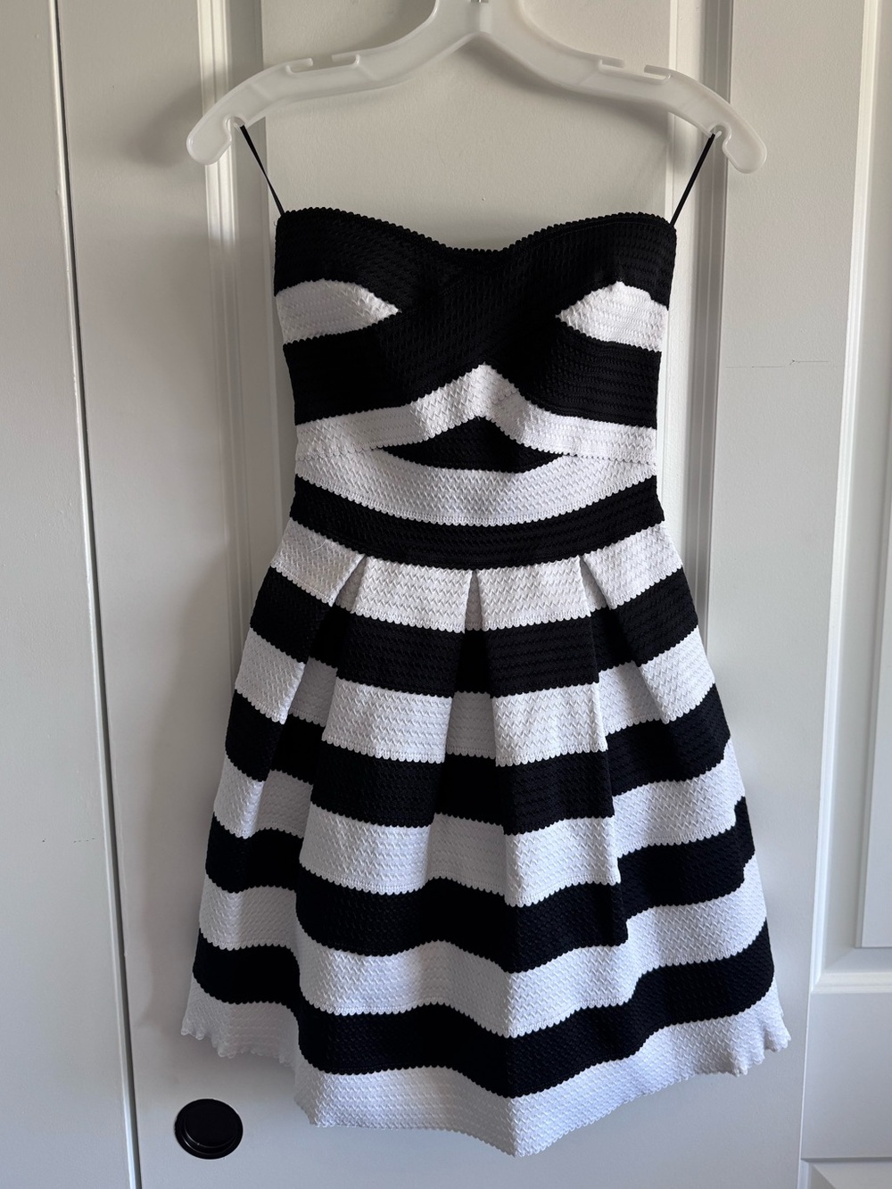 Express Strapless Black and White Striped Fit-and-Flare Dress